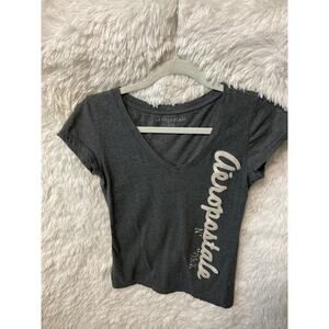 Aeropostale, Woman's Embroidered Logo V Neck Gray Tee, Size L